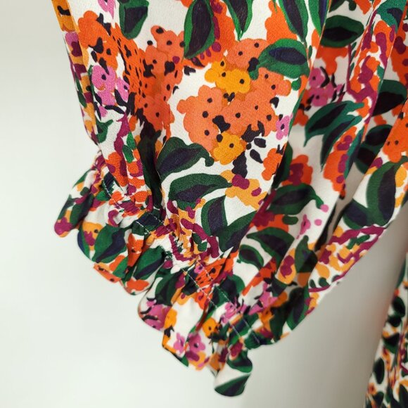 SALONI Floral Grace Silk Tea-Length Off the Shoulder Midi Dress 12 Multi Print - Picture 9 of 16